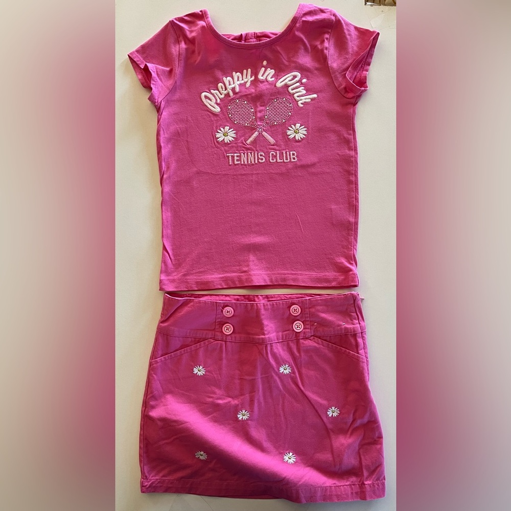 Gymboree Girls Skort & shirt set pink Tennis & Daisy theme Preppy size 5 cotton